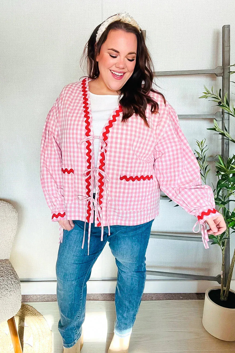 Spell Bound Red & Pink Cotton Ribbon Tie Gingham Pocket Jacket - DAVERRI FASHIONS