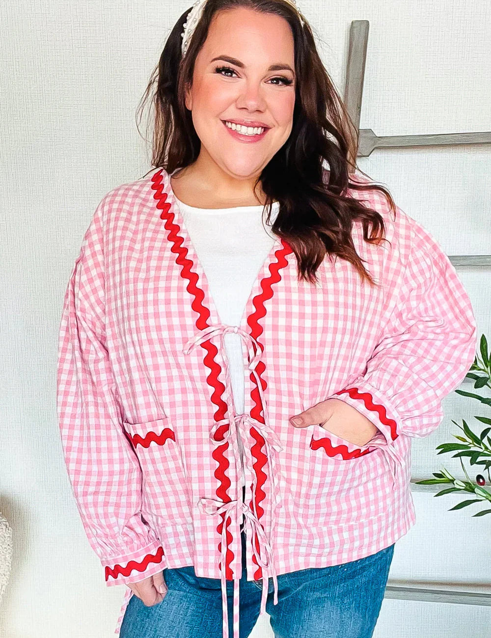 Spell Bound Red & Pink Cotton Ribbon Tie Gingham Pocket Jacket | Daverri Fashions