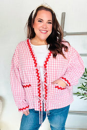 Spell Bound Red & Pink Cotton Ribbon Tie Gingham Pocket Jacket | Daverri Fashions