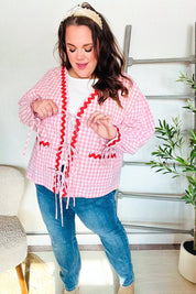 Spell Bound Red & Pink Cotton Ribbon Tie Gingham Pocket Jacket | Daverri Fashions