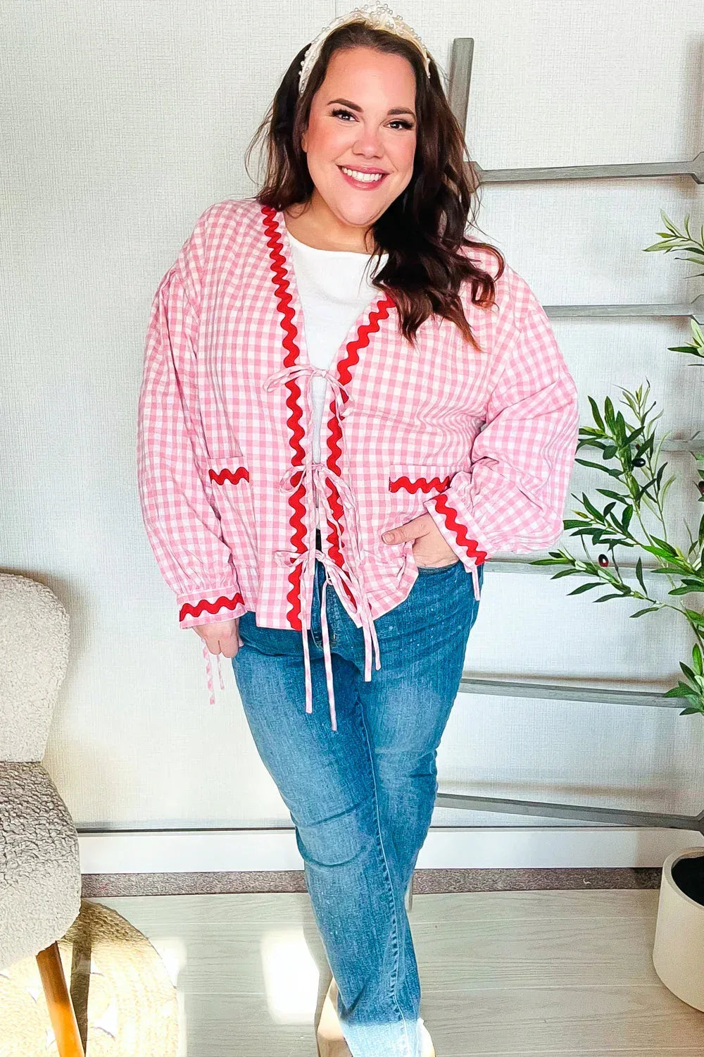 Spell Bound Red & Pink Cotton Ribbon Tie Gingham Pocket Jacket - DAVERRI FASHIONS