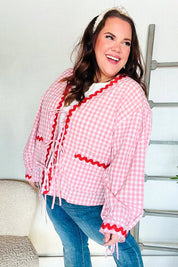 Spell Bound Red & Pink Cotton Ribbon Tie Gingham Pocket Jacket | Daverri Fashions