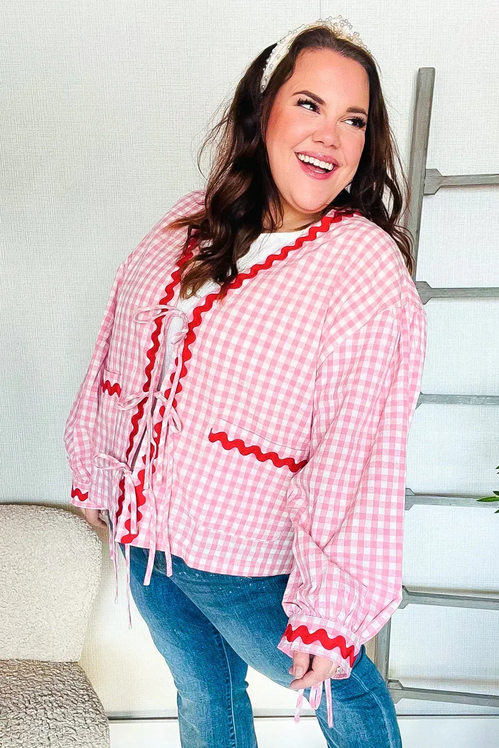 Spell Bound Red & Pink Cotton Ribbon Tie Gingham Pocket Jacket - DAVERRI FASHIONS