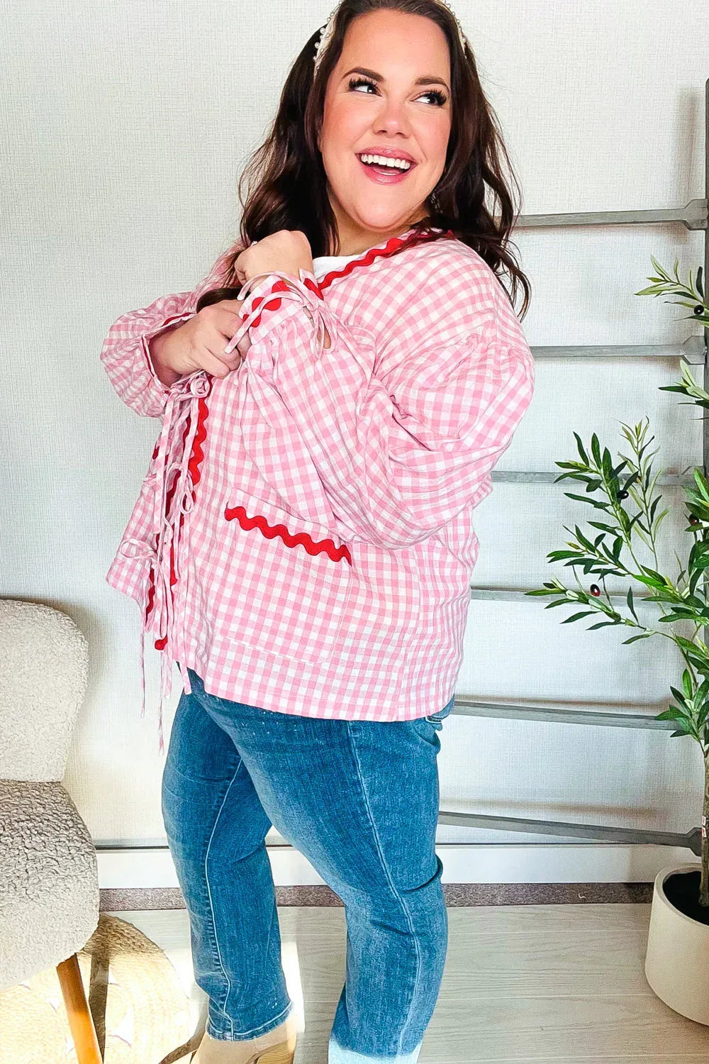 Spell Bound Red & Pink Cotton Ribbon Tie Gingham Pocket Jacket - DAVERRI FASHIONS