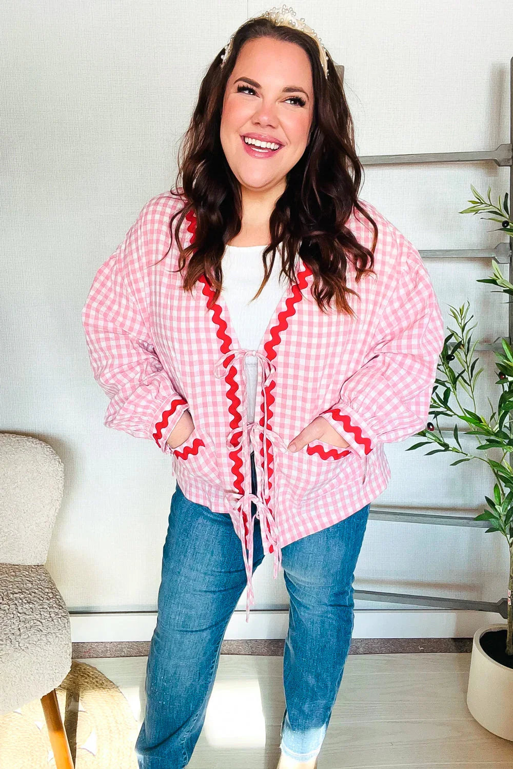 Spell Bound Red & Pink Cotton Ribbon Tie Gingham Pocket Jacket | Daverri Fashions