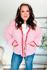 Spell Bound Red & Pink Cotton Ribbon Tie Gingham Pocket Jacket | Daverri Fashions