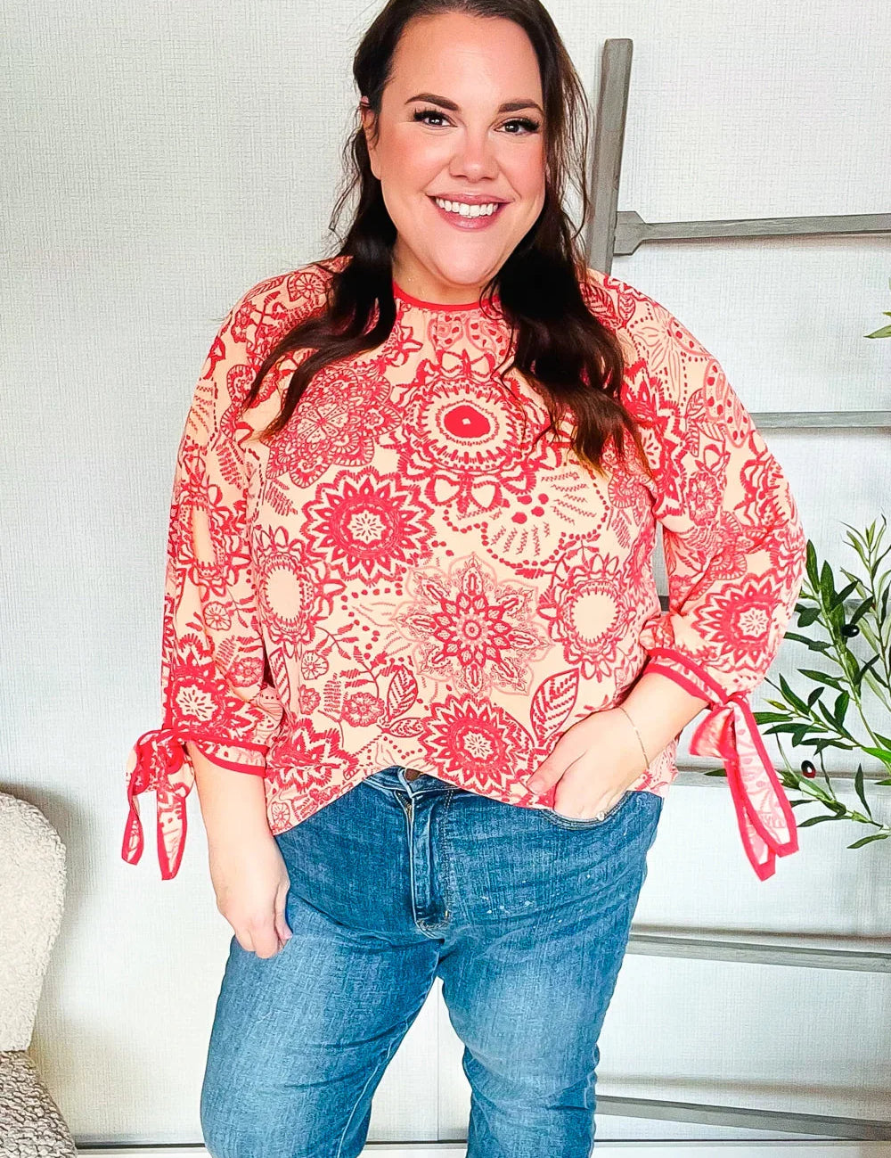 Be Bold Red & Coral Floral Long Sleeve Bow Tie Contrast Binding Top | Daverri Fashions