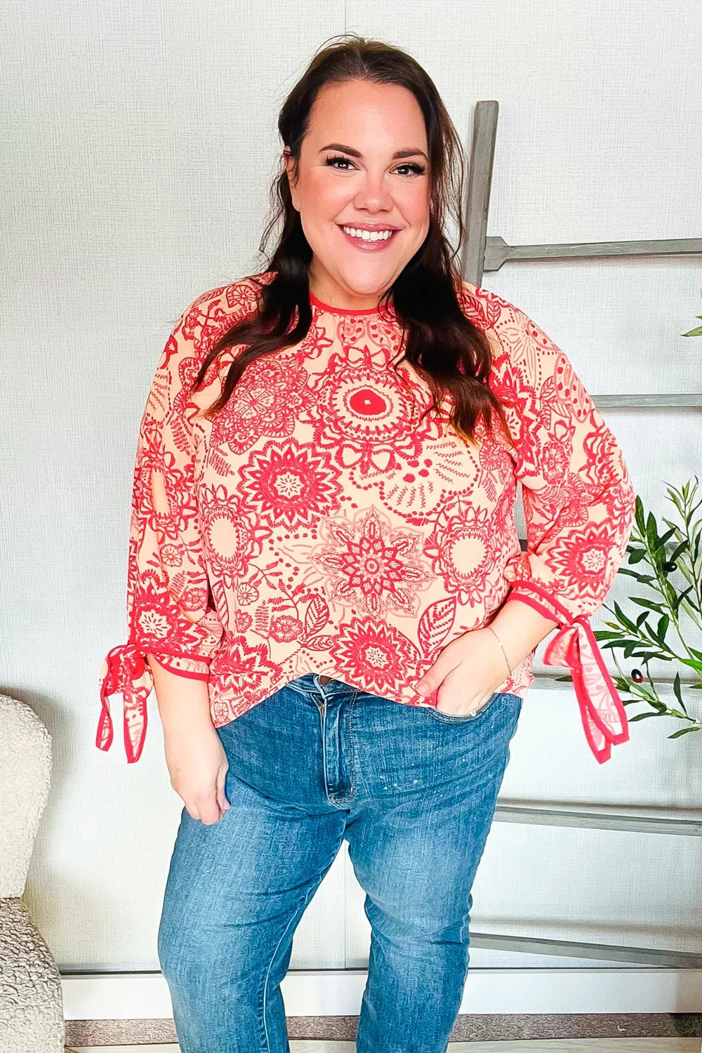 Be Bold Red & Coral Floral Long Sleeve Bow Tie Contrast Binding Top | Daverri Fashions