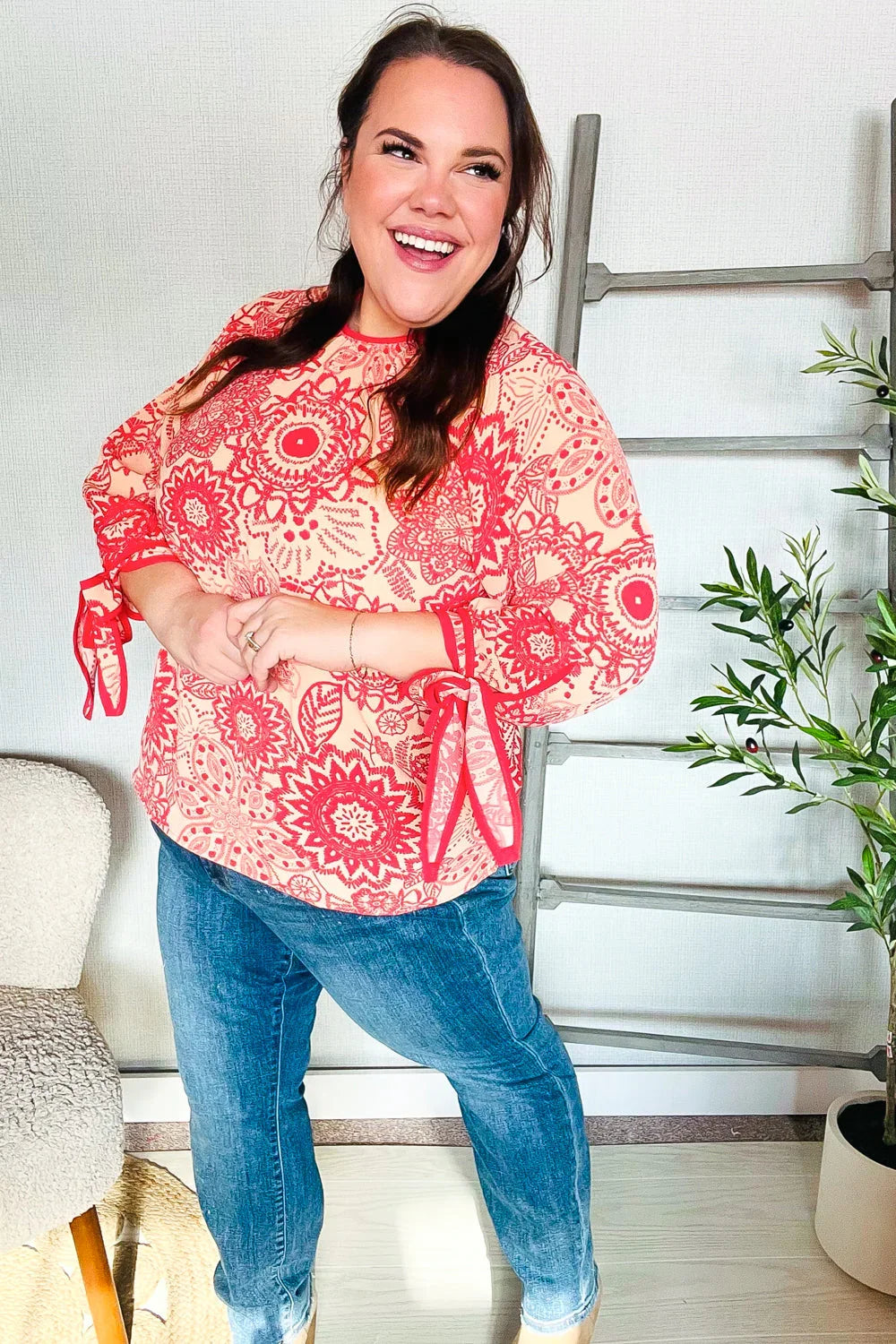 Be Bold Red & Coral Floral Long Sleeve Bow Tie Contrast Binding Top | Daverri Fashions