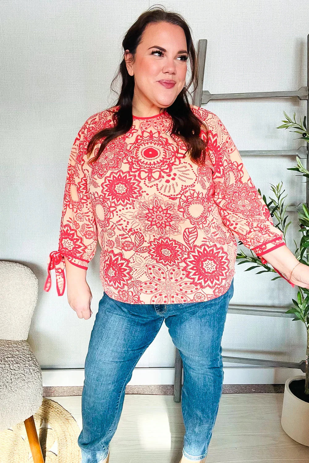 Be Bold Red & Coral Floral Long Sleeve Bow Tie Contrast Binding Top | Daverri Fashions