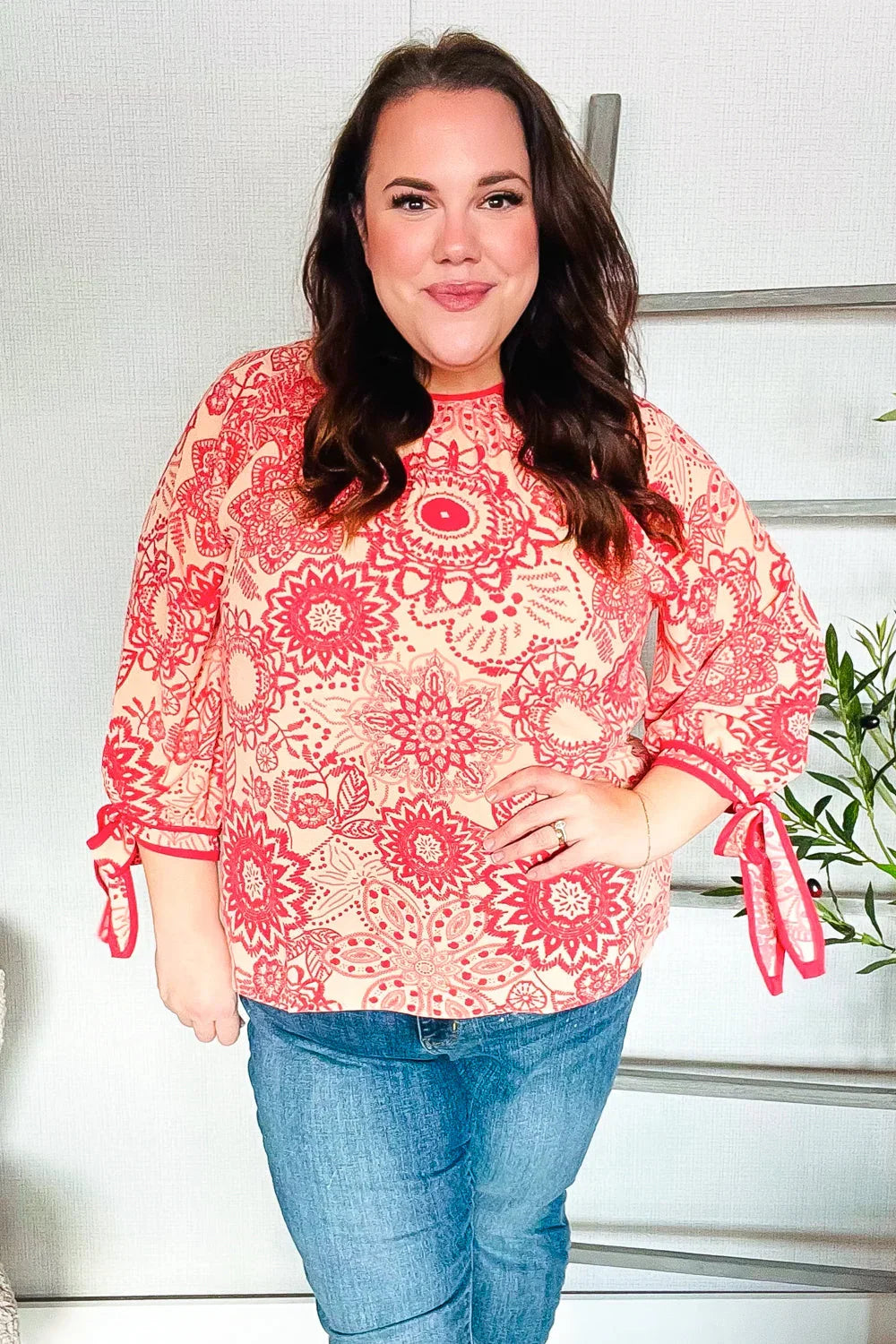 Be Bold Red & Coral Floral Long Sleeve Bow Tie Contrast Binding Top | Daverri Fashions