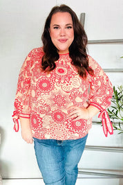Be Bold Red & Coral Floral Long Sleeve Bow Tie Contrast Binding Top | Daverri Fashions