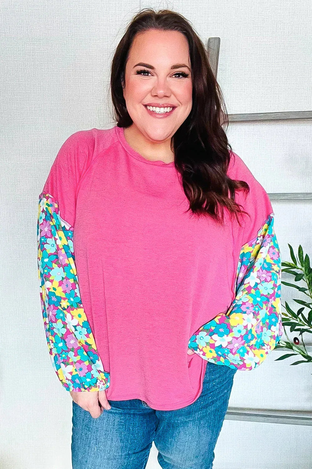 Lock Eyes Pink & Floral Bubble Sleeve French Terry Pullover - DAVERRI FASHIONS