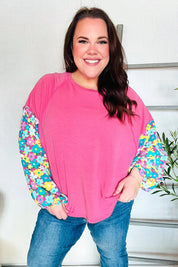 Lock Eyes Pink & Floral Bubble Sleeve French Terry Pullover | Daverri Fashions