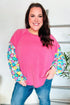 Lock Eyes Pink & Floral Bubble Sleeve French Terry Pullover - DAVERRI FASHIONS