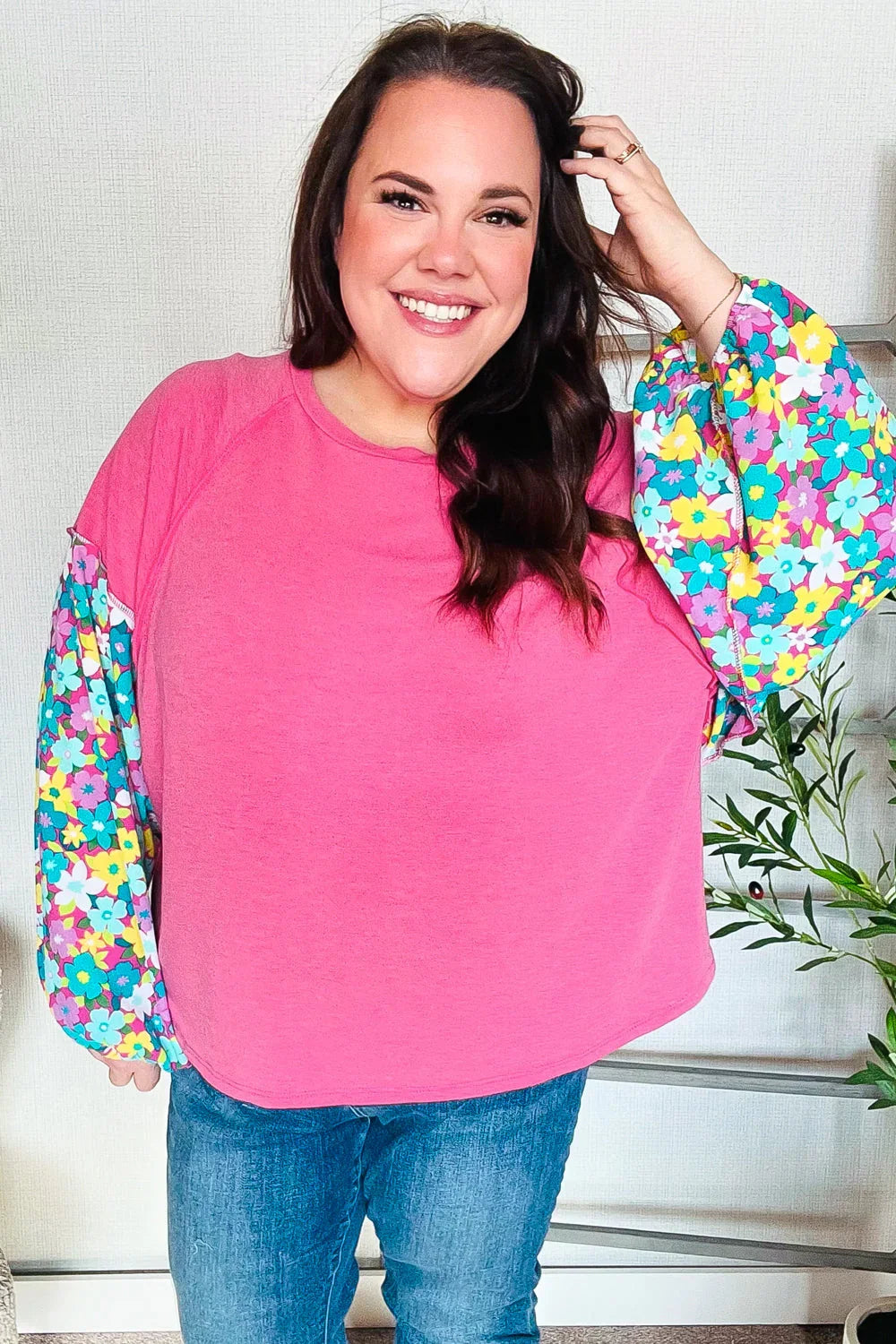 Lock Eyes Pink & Floral Bubble Sleeve French Terry Pullover | Daverri Fashions