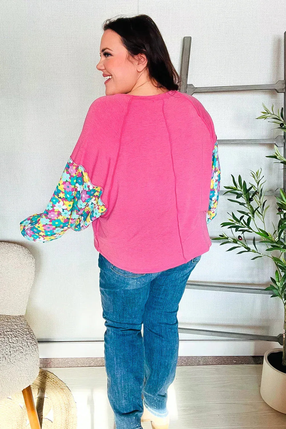 Lock Eyes Pink & Floral Bubble Sleeve French Terry Pullover - DAVERRI FASHIONS