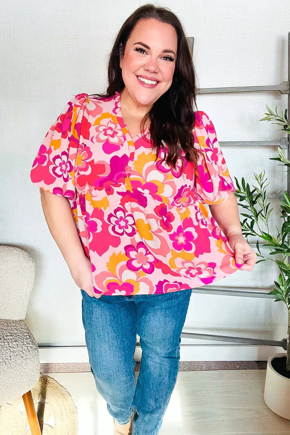 Find Love Pink/Yellow Floral Frill Balloon Short Sleeve Top | Daverri Fashions