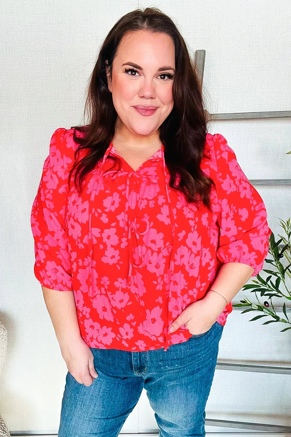 New Day Red Ribbon Bow Detail Floral Woven Blouse | Daverri Fashions