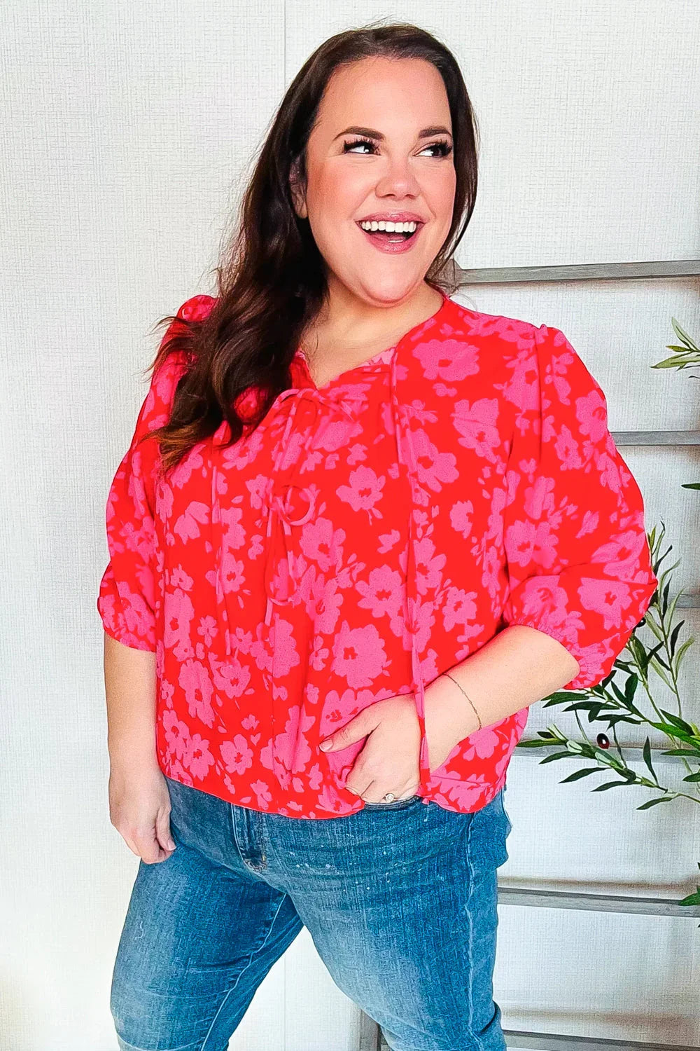 New Day Red Ribbon Bow Detail Floral Woven Blouse | Daverri Fashions