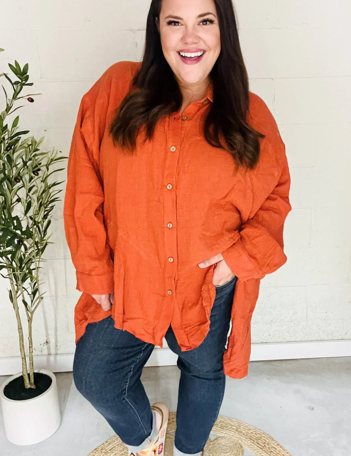 Everyday Rust Button Down Sharkbite Cotton Tunic Top | 2024 Blow-Out Sale Daverri Fashions