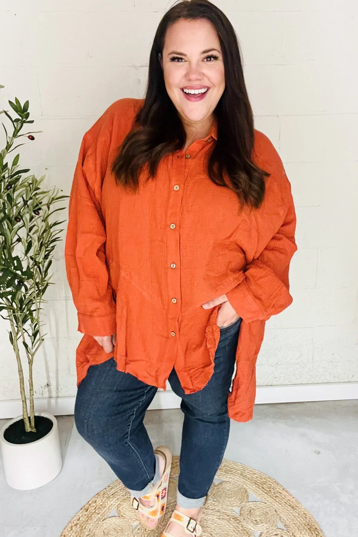 Everyday Rust Button Down Sharkbite Cotton Tunic Top | 2024 Blow-Out Sale Daverri Fashions