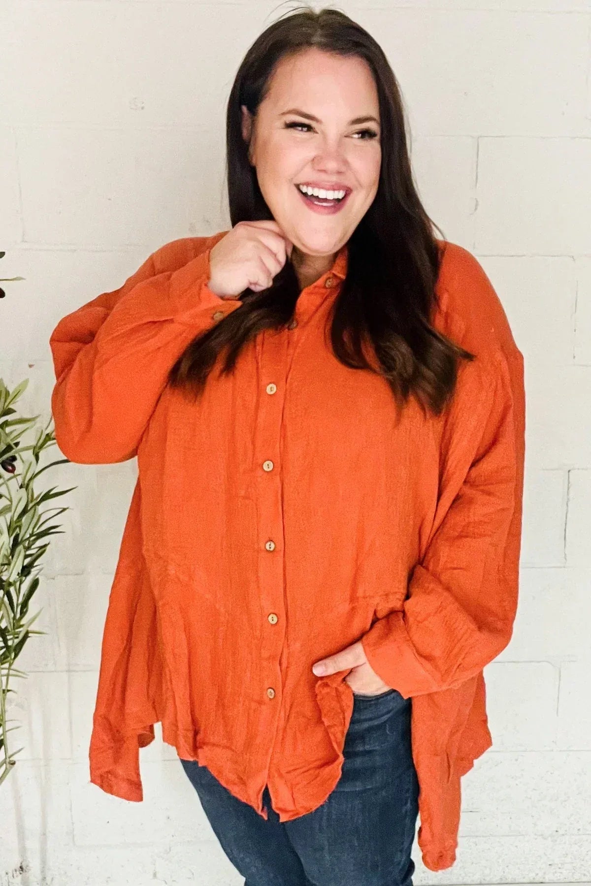 Everyday Rust Button Down Sharkbite Cotton Tunic Top - DAVERRI FASHIONS