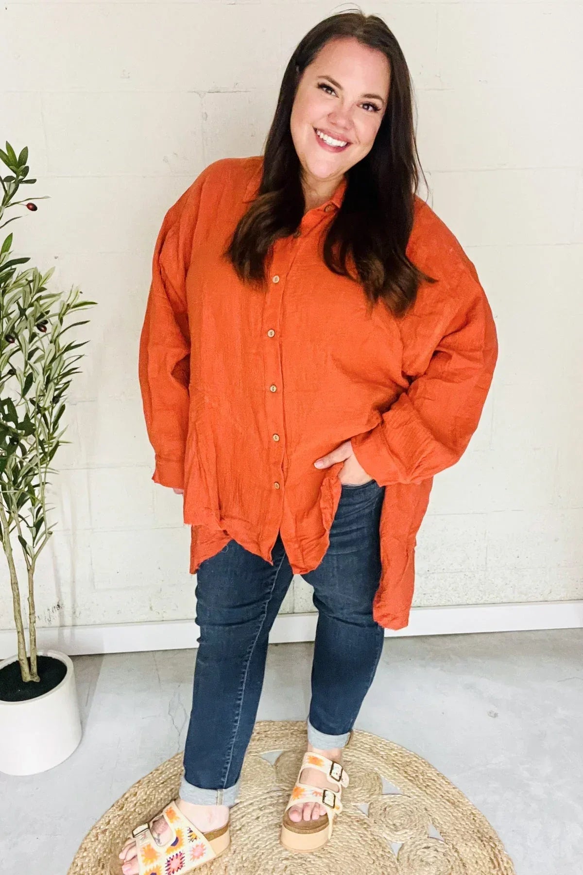 Everyday Rust Button Down Sharkbite Cotton Tunic Top - DAVERRI FASHIONS