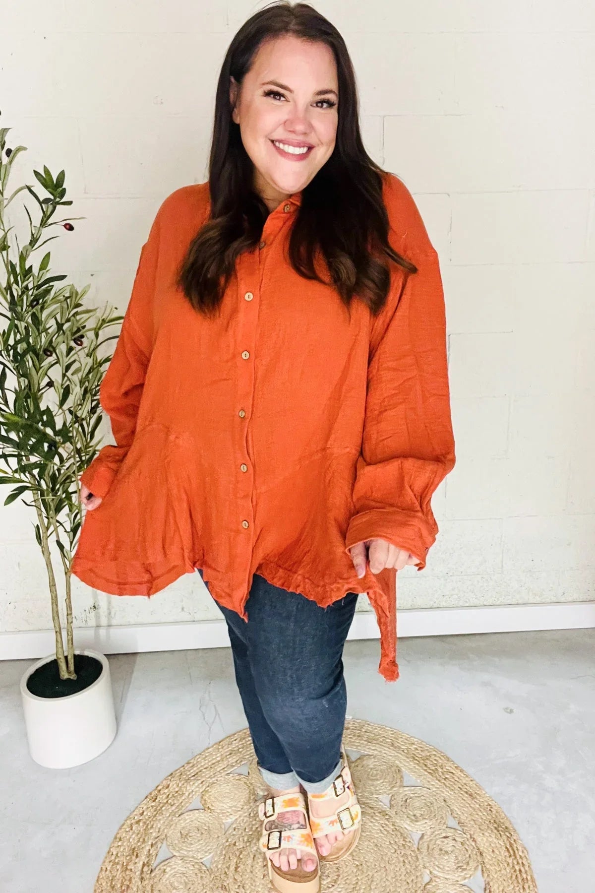 Everyday Rust Button Down Sharkbite Cotton Tunic Top | 2024 Blow-Out Sale Daverri Fashions