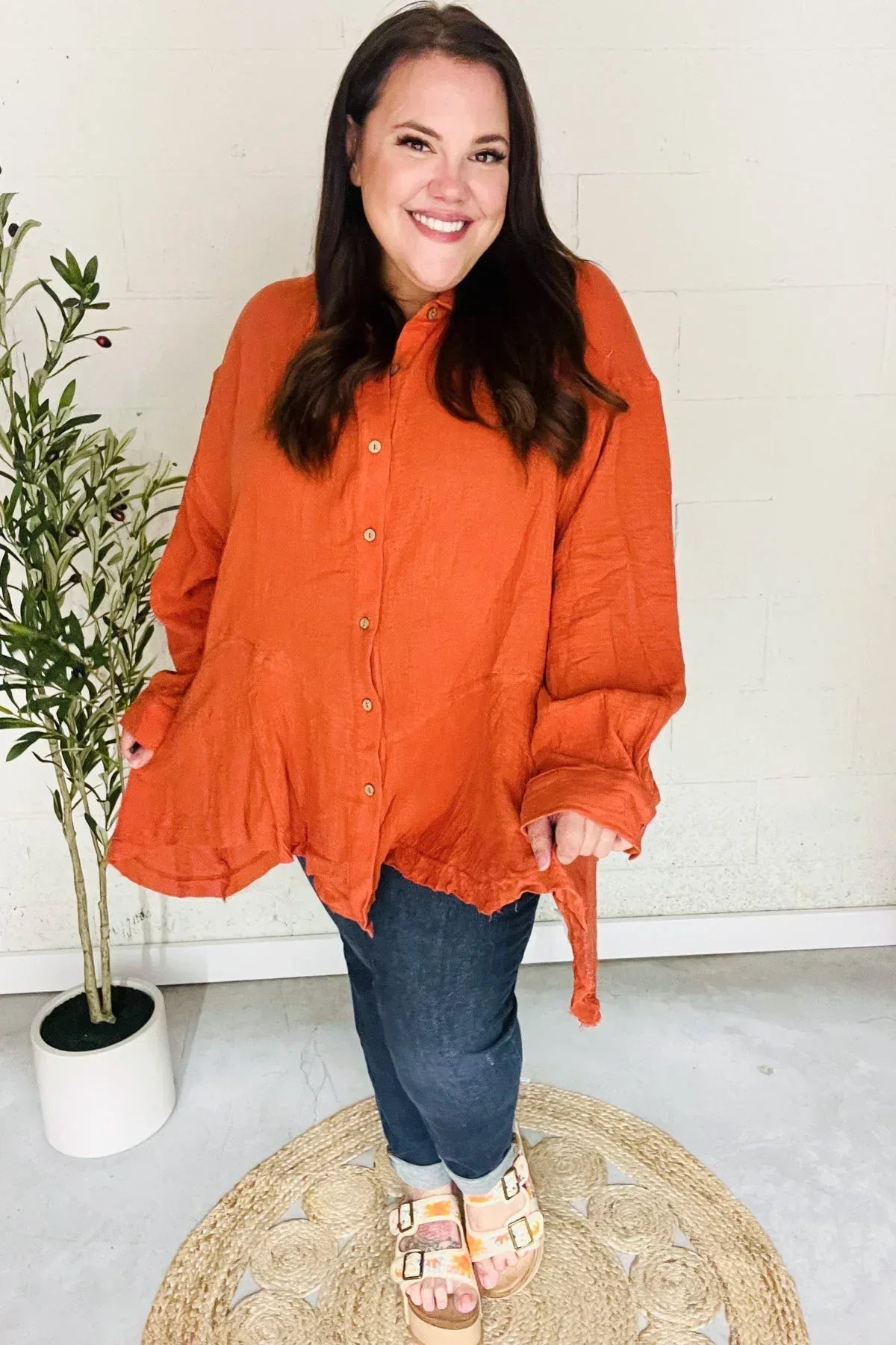 Everyday Rust Button Down Sharkbite Cotton Tunic Top - DAVERRI FASHIONS