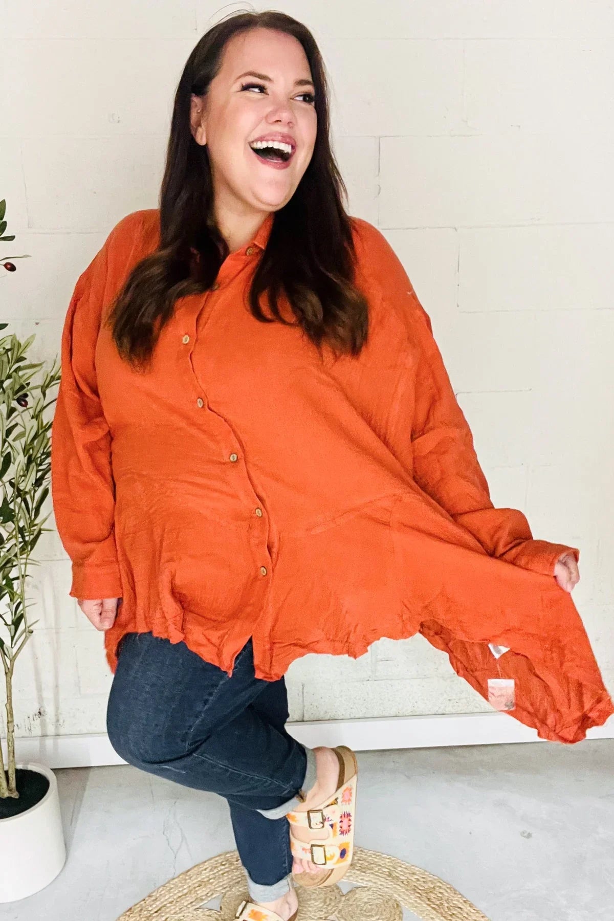 Everyday Rust Button Down Sharkbite Cotton Tunic Top | 2024 Blow-Out Sale Daverri Fashions