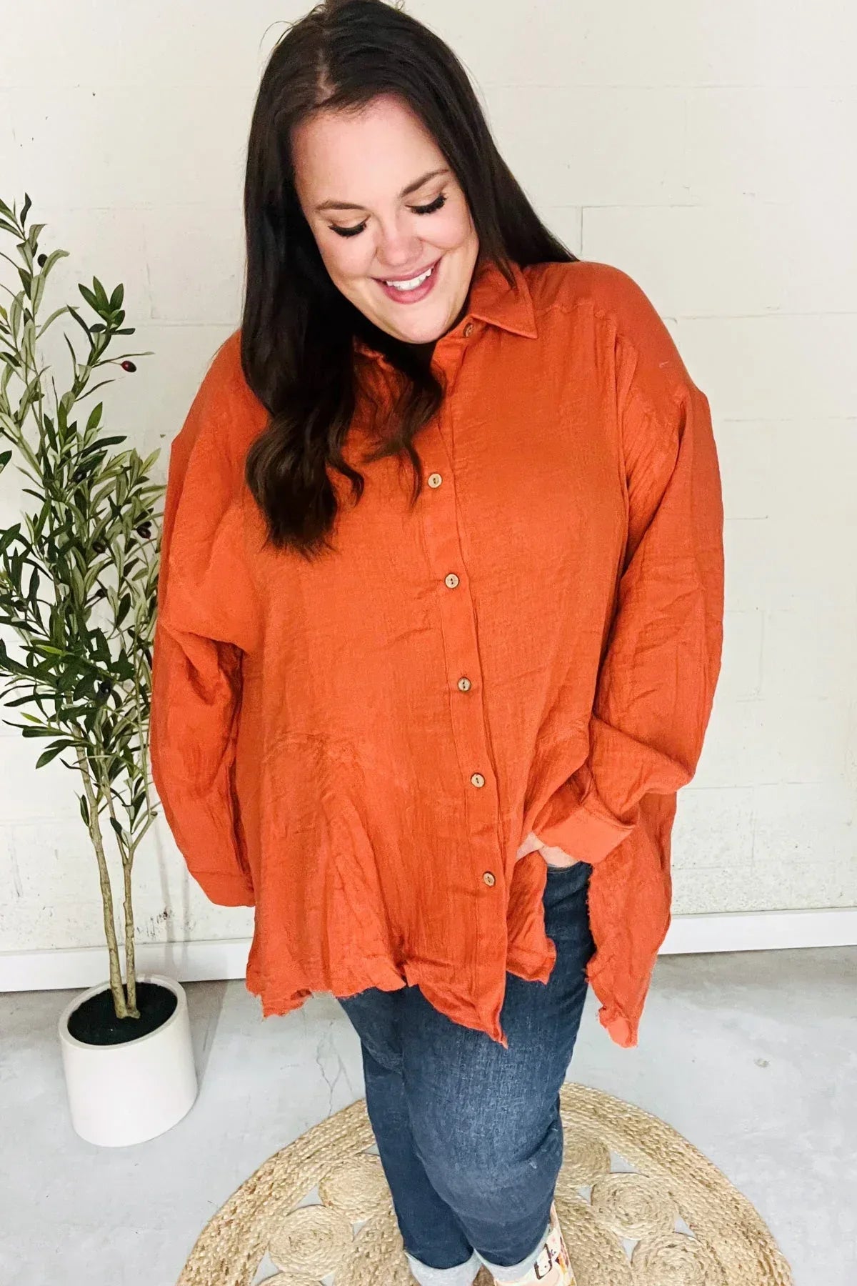 Everyday Rust Button Down Sharkbite Cotton Tunic Top - DAVERRI FASHIONS