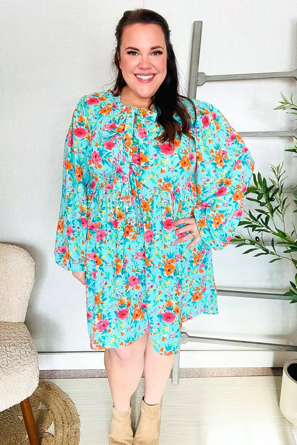 Feeling Femme Aqua Floral Ribbon Bow Tie Babydoll Dress - DAVERRI FASHIONS