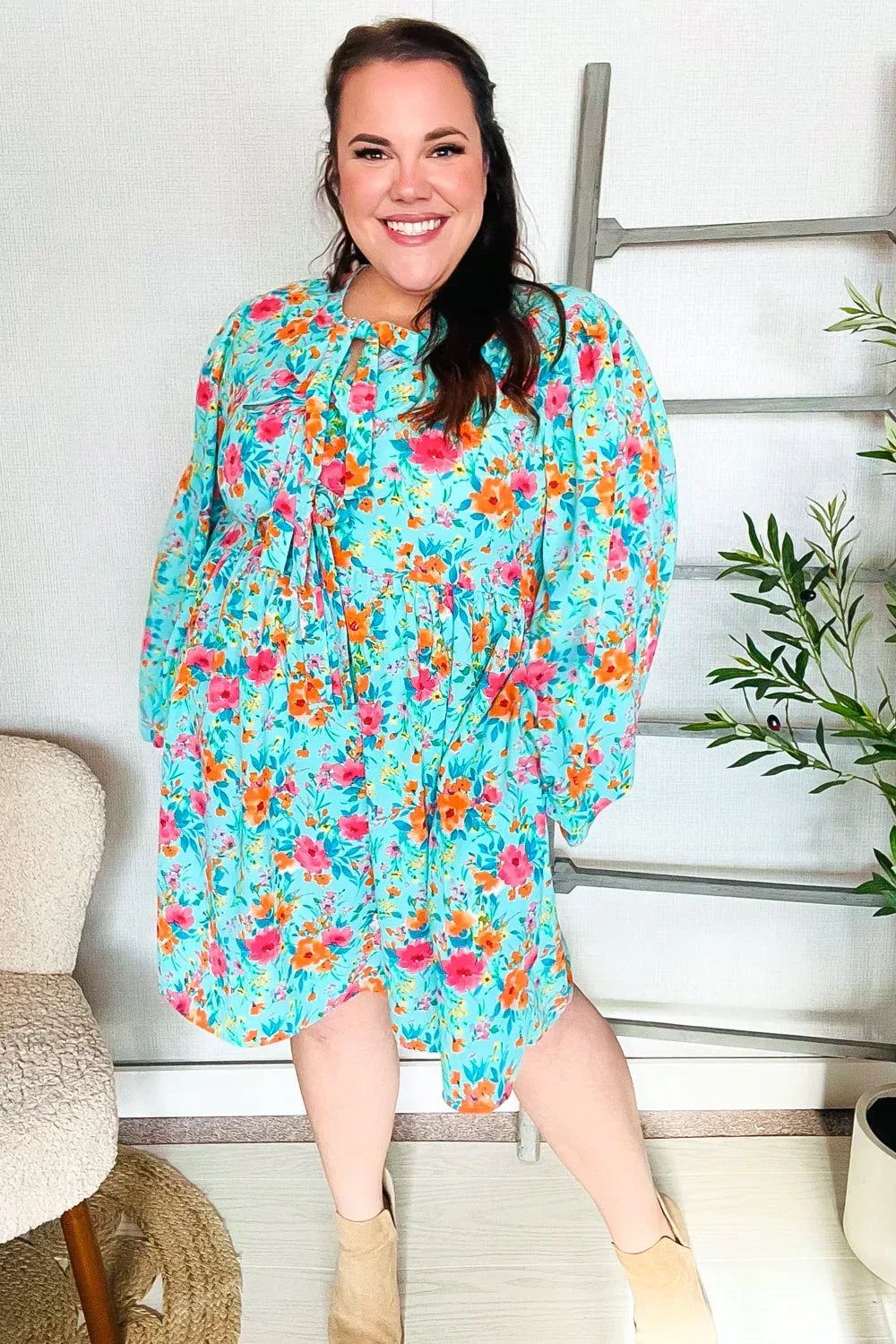 Feeling Femme Aqua Floral Ribbon Bow Tie Babydoll Dress - DAVERRI FASHIONS