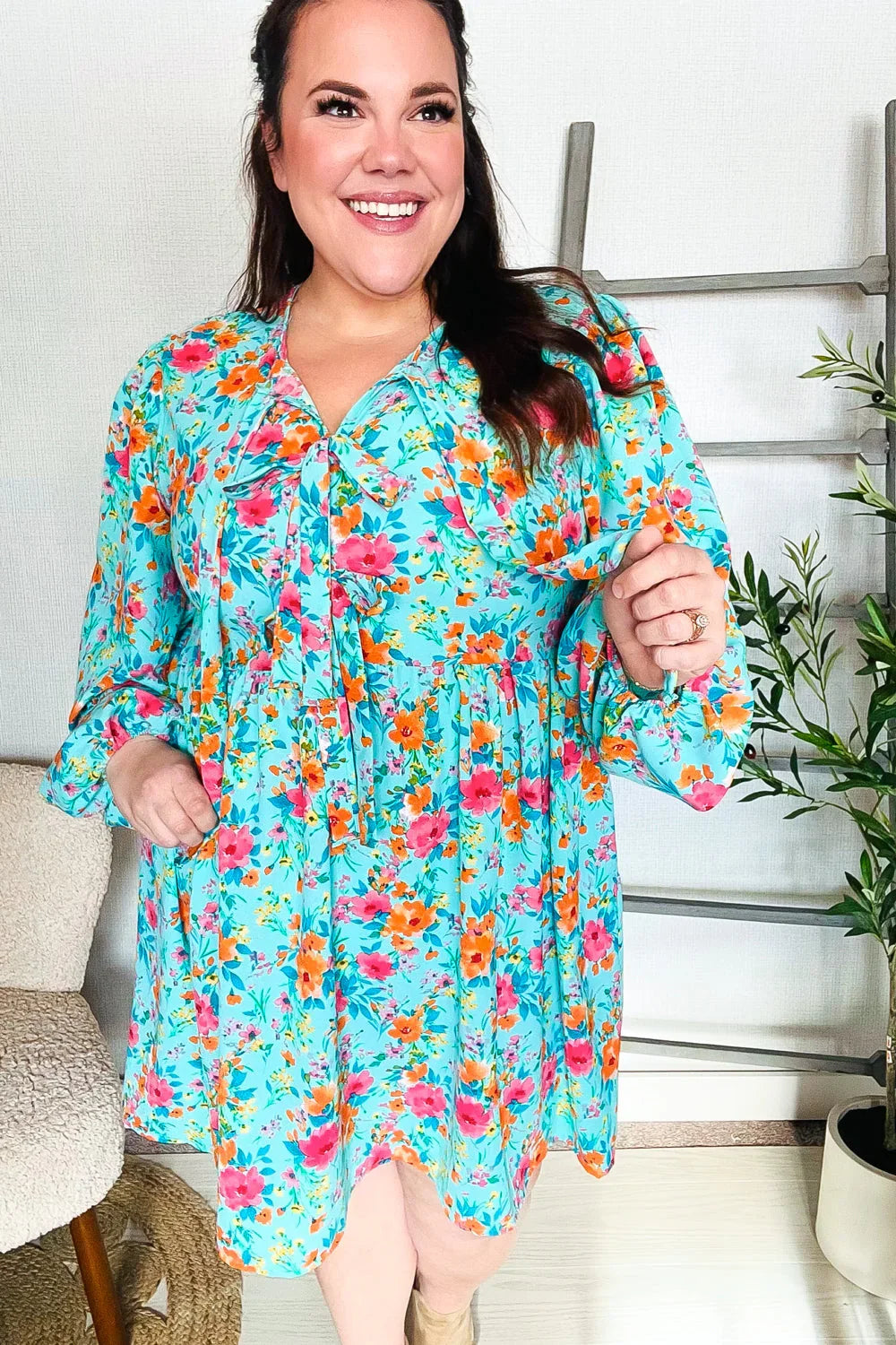 Feeling Femme Aqua Floral Ribbon Bow Tie Babydoll Dress | Daverri Fashions