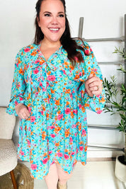 Feeling Femme Aqua Floral Ribbon Bow Tie Babydoll Dress | Daverri Fashions