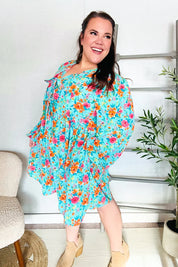 Feeling Femme Aqua Floral Ribbon Bow Tie Babydoll Dress | Daverri Fashions