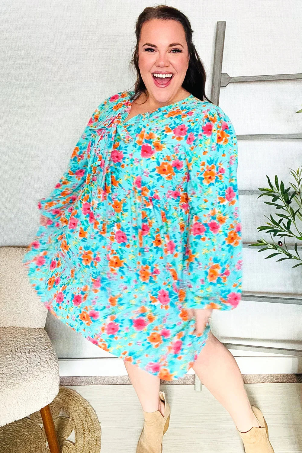 Feeling Femme Aqua Floral Ribbon Bow Tie Babydoll Dress | Daverri Fashions