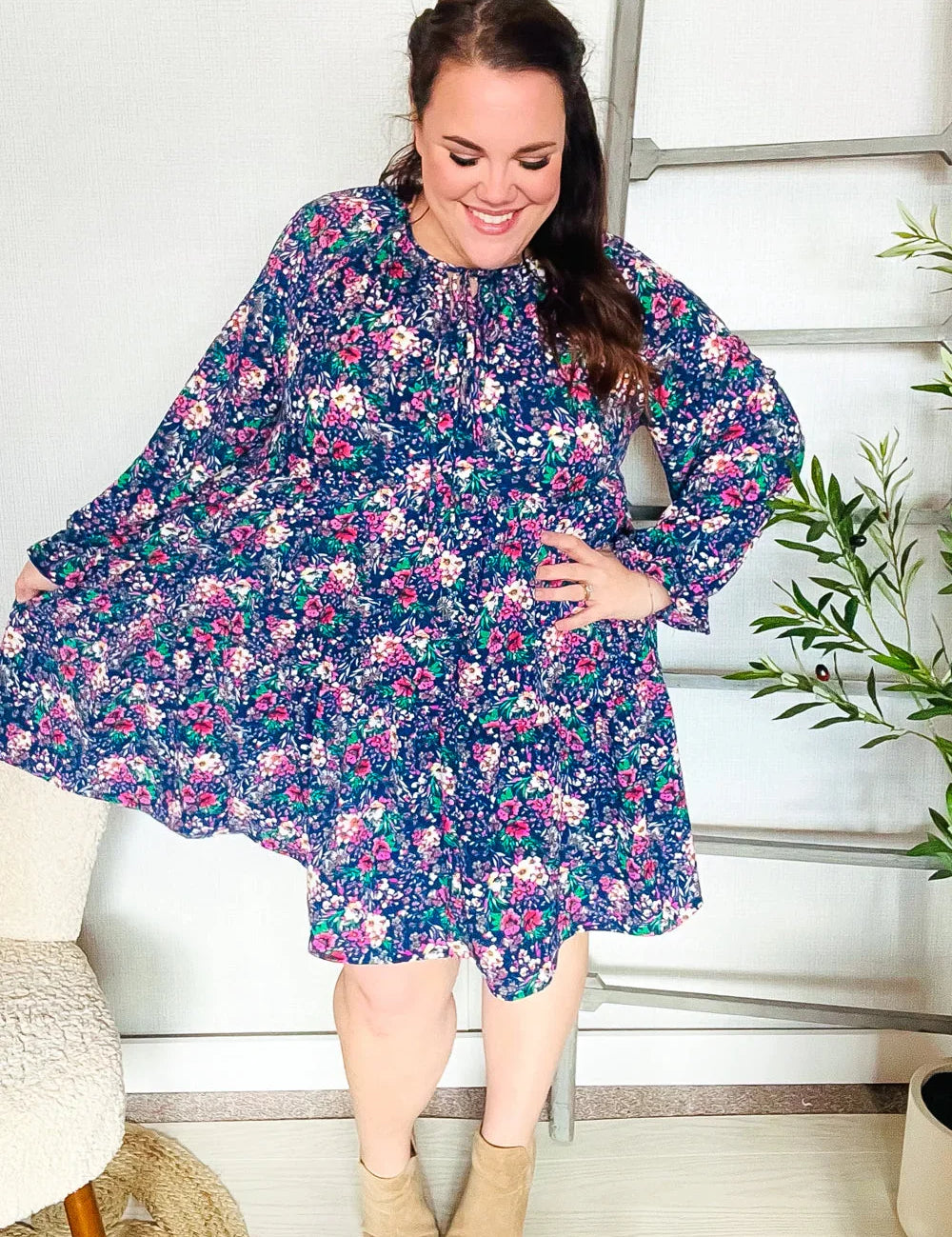 Feeling Joyful Navy Floral Bow Tie Babydoll Long Ruffle Sleeve Dress | Daverri Fashions