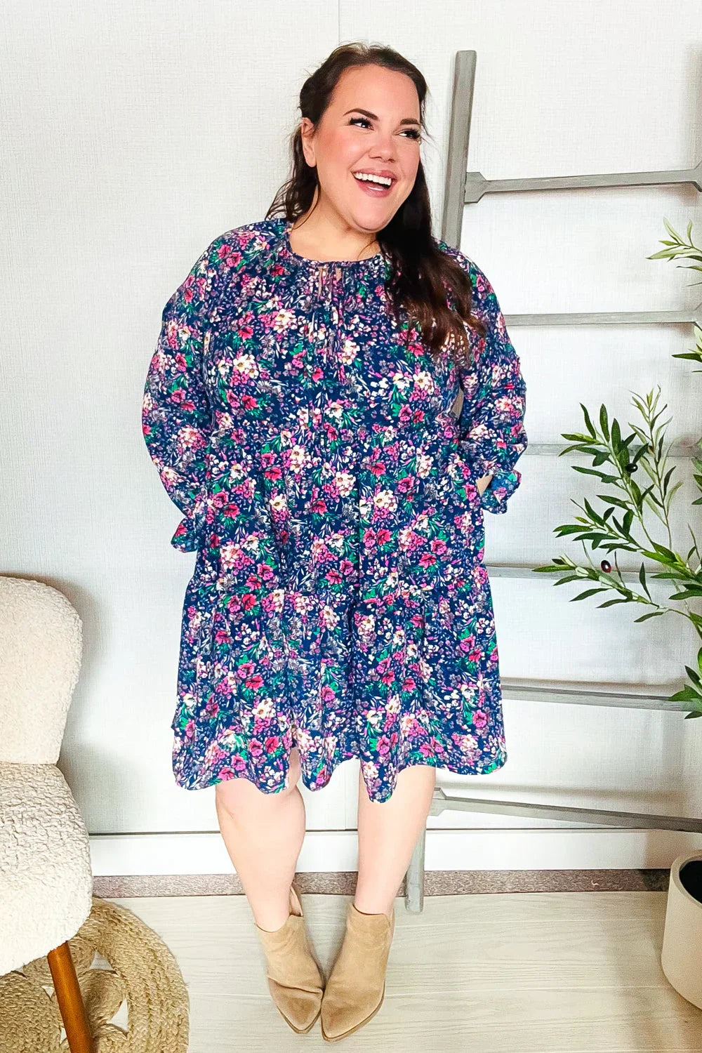 Feeling Joyful Navy Floral Bow Tie Babydoll Long Ruffle Sleeve Dress | Daverri Fashions