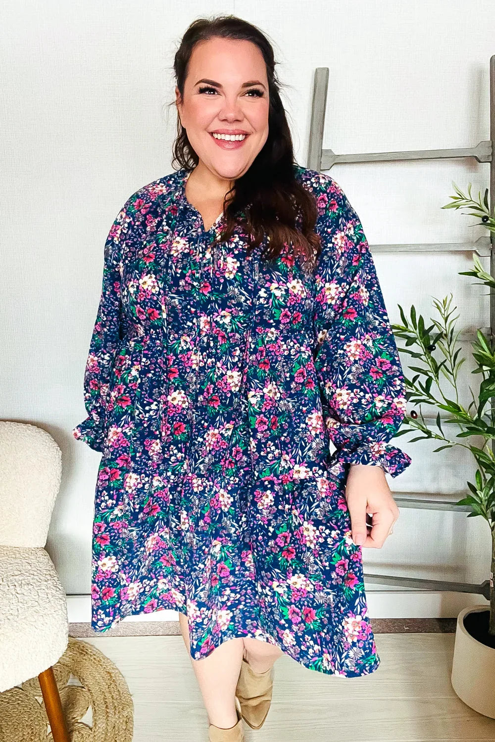 Feeling Joyful Navy Floral Bow Tie Babydoll Long Ruffle Sleeve Dress | Daverri Fashions