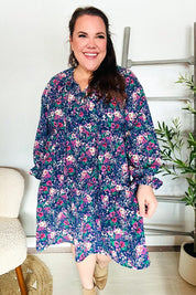Feeling Joyful Navy Floral Bow Tie Babydoll Long Ruffle Sleeve Dress | Daverri Fashions