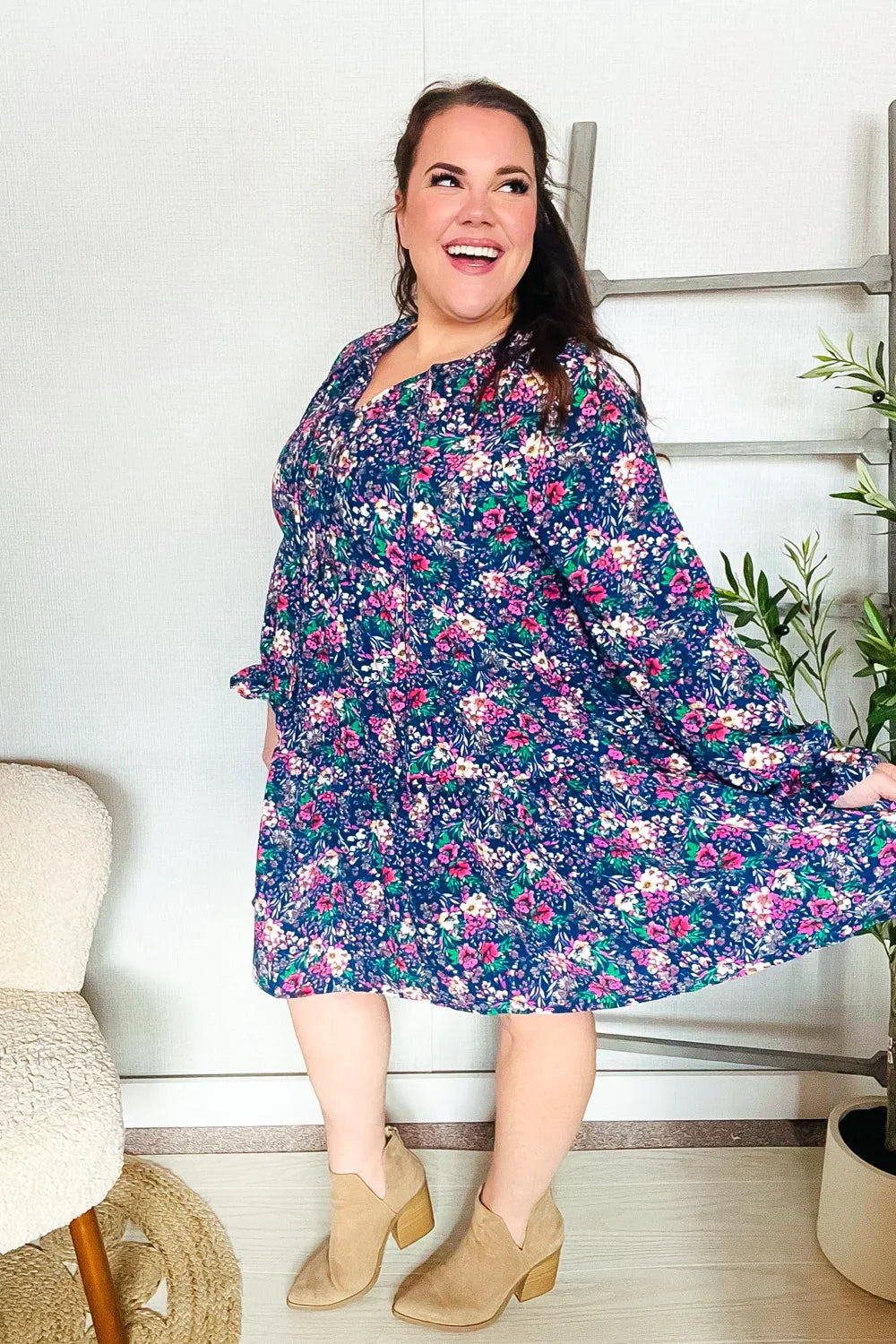 Feeling Joyful Navy Floral Bow Tie Babydoll Long Ruffle Sleeve Dress | Daverri Fashions