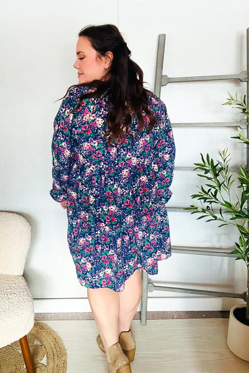 Feeling Joyful Navy Floral Bow Tie Babydoll Long Ruffle Sleeve Dress | Daverri Fashions