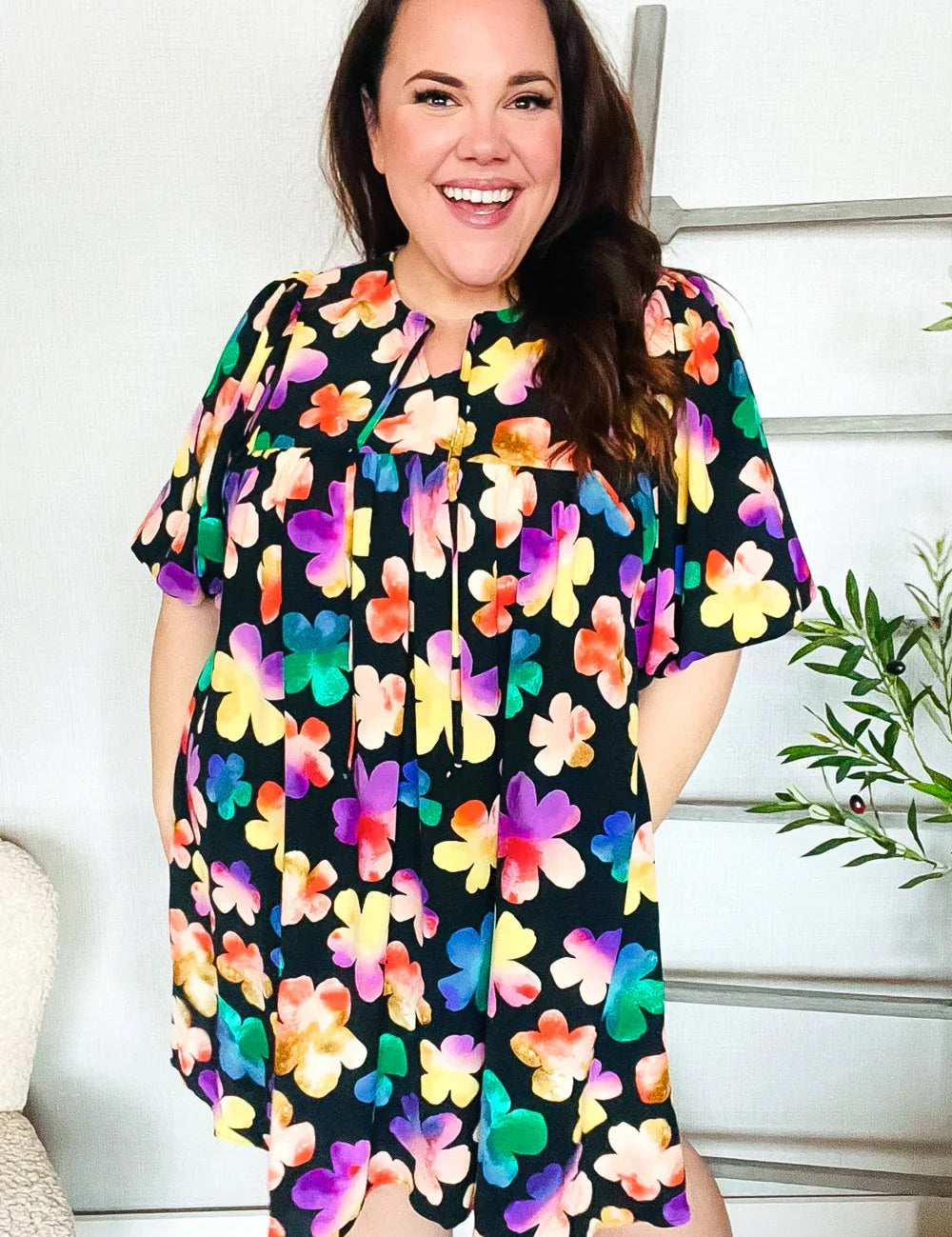 Look Adorable Ribbon Bow Tie Floral Babydoll Dress with Pockets | Daverri Fashions