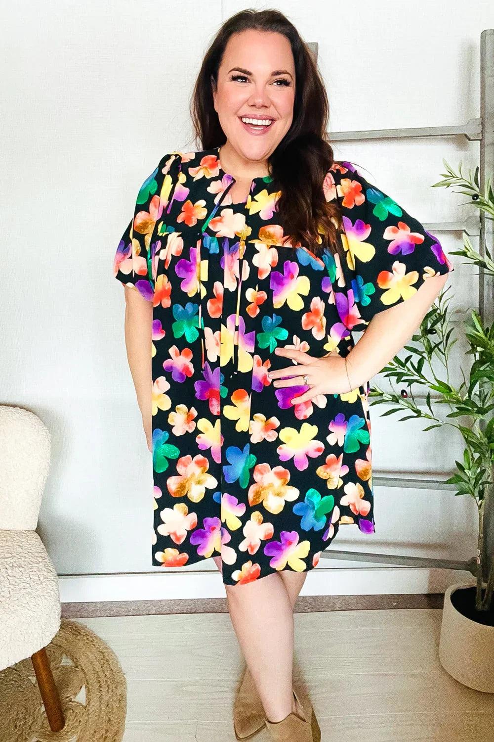 Look Adorable Ribbon Bow Tie Floral Babydoll Dress with Pockets | Daverri Fashions