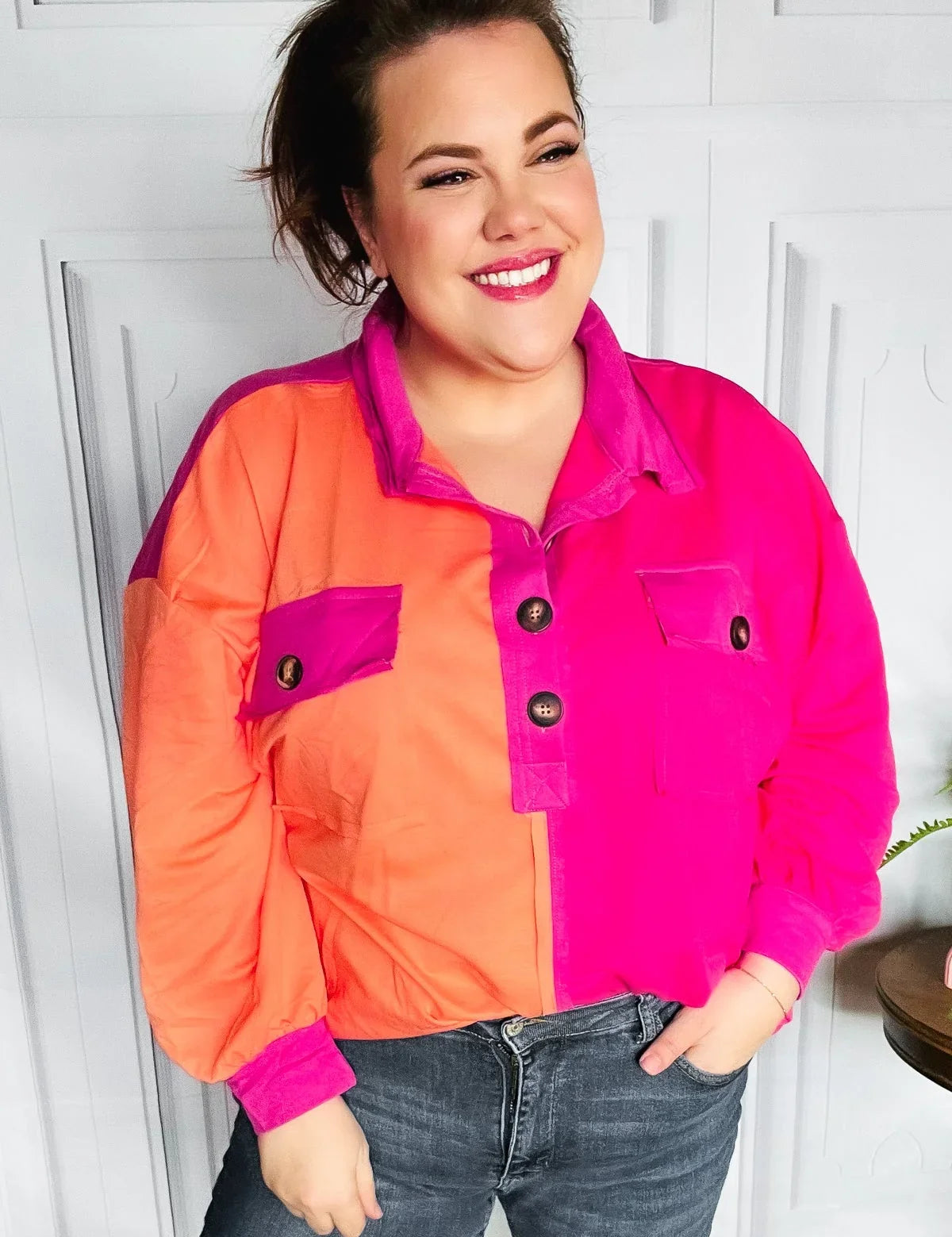 Feeling Bold Orange & Fuchsia Color Block Button Down Top | Daverri Fashions