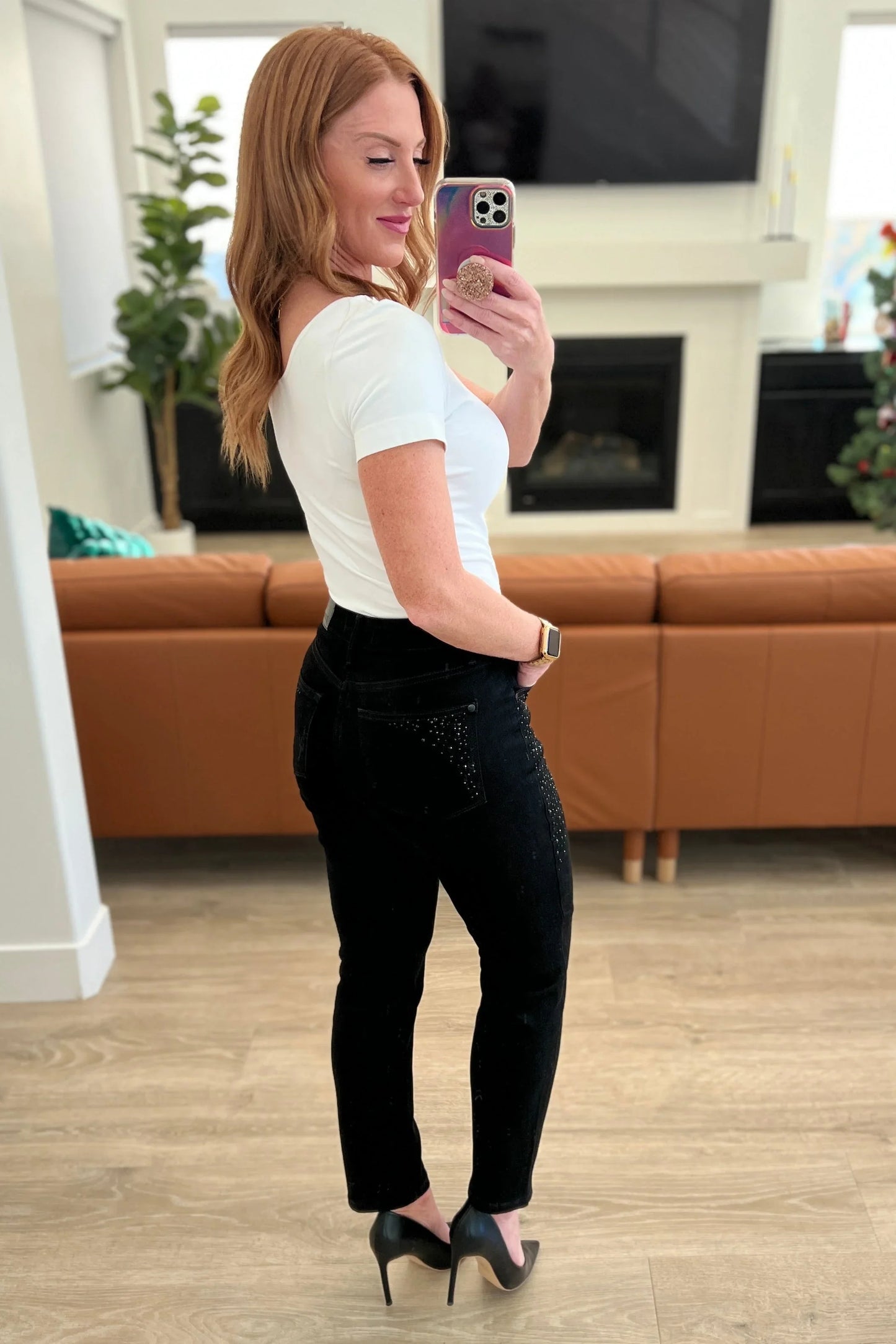 Reese Rhinestone Slim Fit Black Jeans with Side Glitter