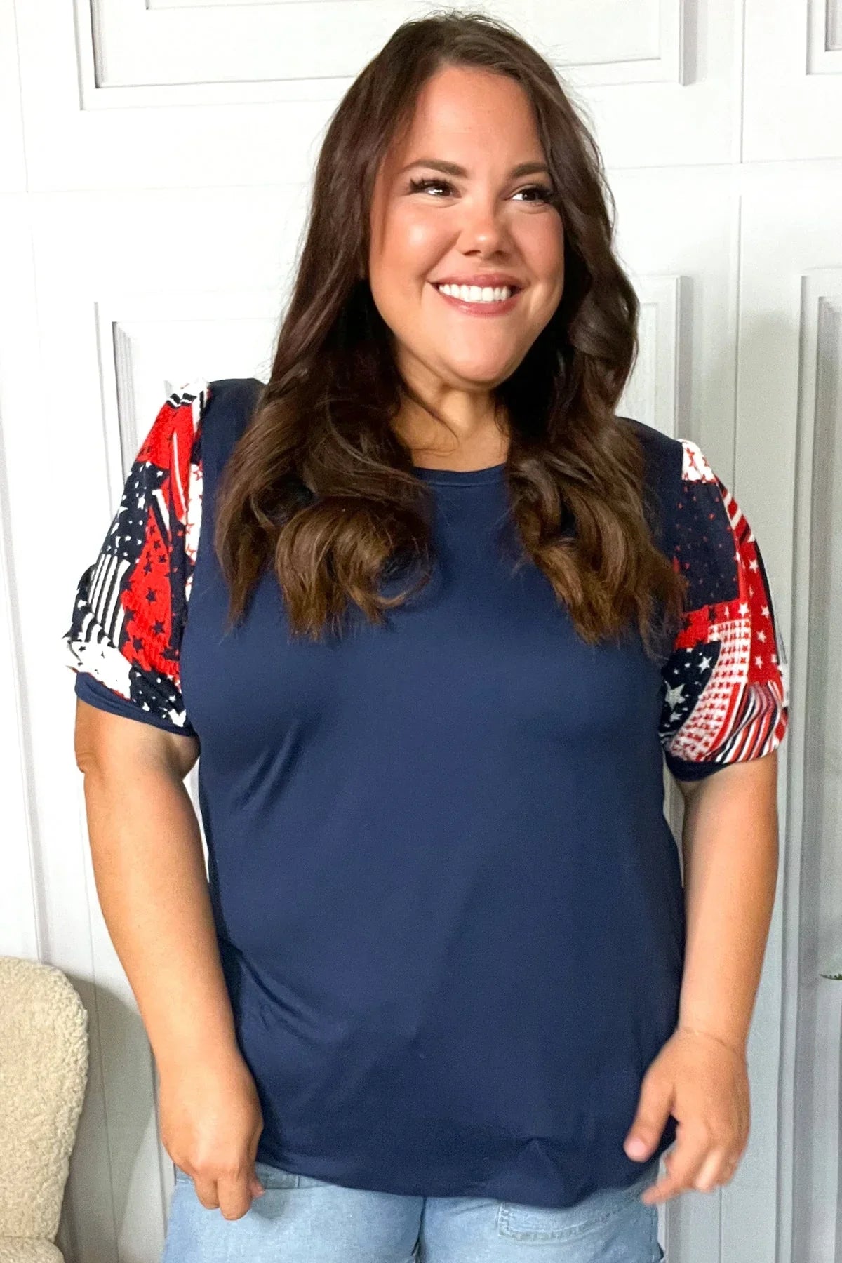 Stand-Out Navy Patriotic Patchwork Puff Sleeve Top | Daverri Fashions