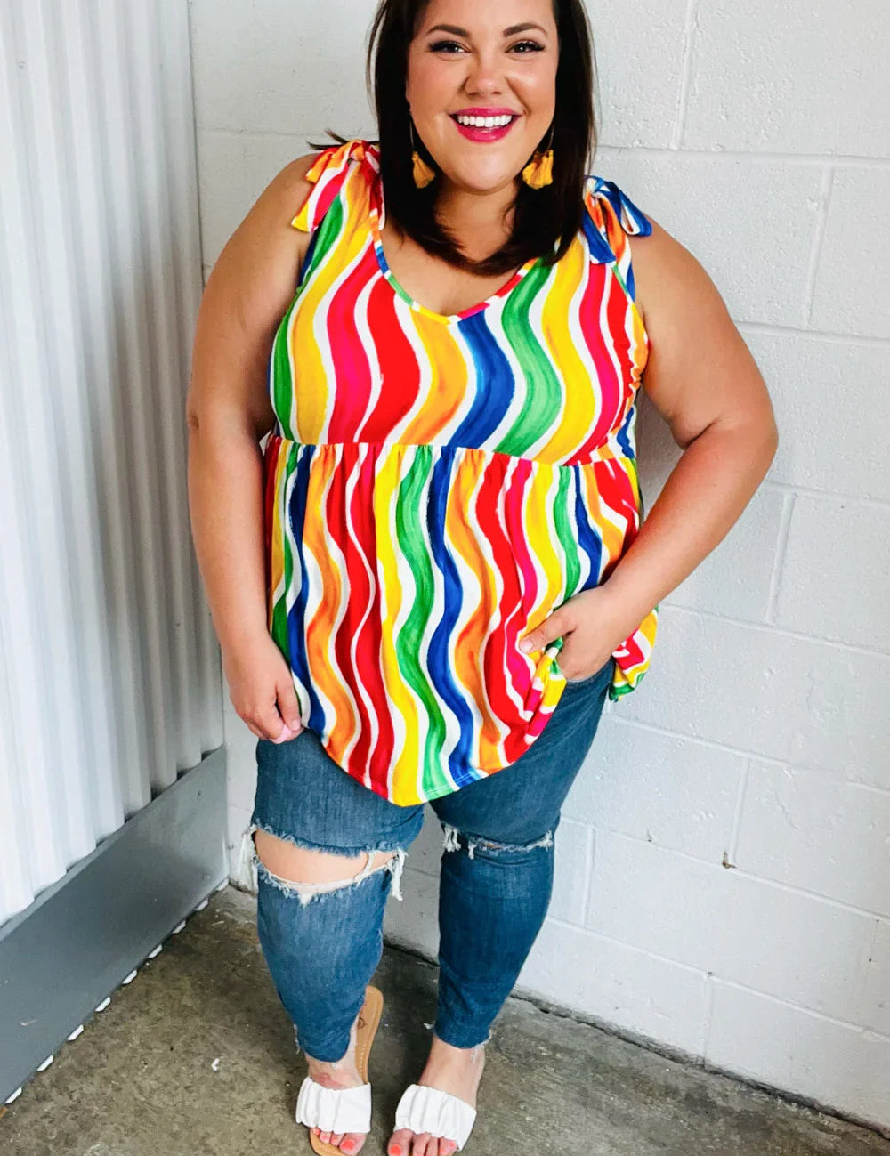 Multicolor Wavy Stripe Shoulder Tie Detail Top | Daverri Fashions